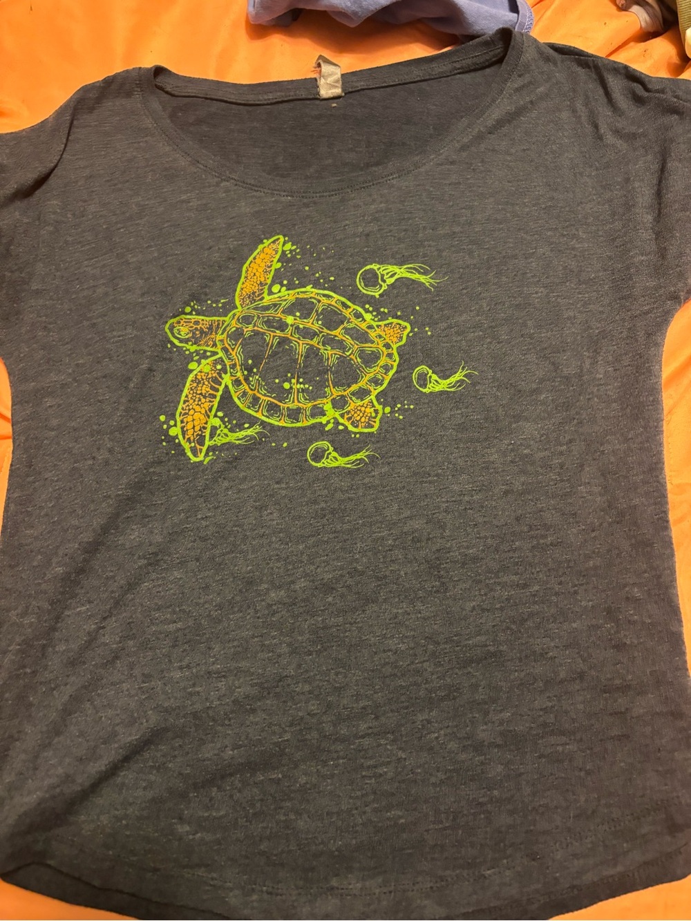 Next Level Apparel Gray Short-Sleeve Tee with Neon Green Turtle Graphic